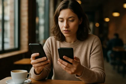 Žena porovnáva dva telefóny v kaviarni s kávou.