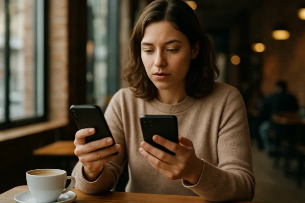 Žena porovnáva dva telefóny v kaviarni s kávou.