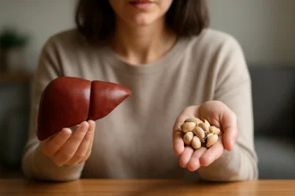 Žena drží model pečene a pistácie v rukách pre zdravie.