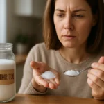 Žena skúma erytritol v sklenenej nádobe, zamyslená nad jeho použitím.