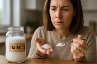 Žena skúma erytritol v sklenenej nádobe, zamyslená nad jeho použitím.