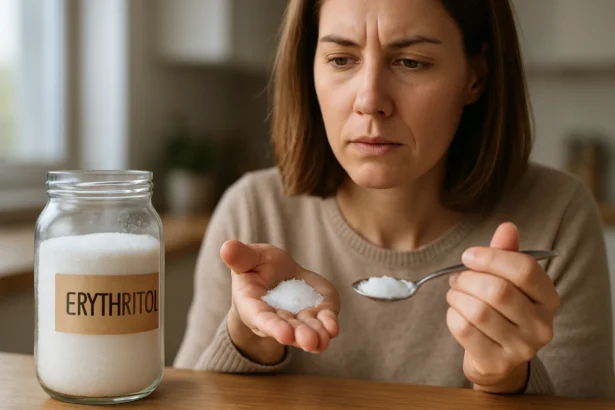 Žena skúma erytritol v sklenenej nádobe, zamyslená nad jeho použitím.