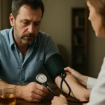 Muž s vysokým krvný tlak pri kontrole s lekárom a pohárom pálenky.