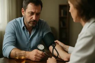 Muž s vysokým krvný tlak pri kontrole s lekárom a pohárom pálenky.