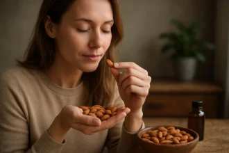 Žena si vychutnáva horké mandle pri zdravom jedle
