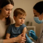 Dieťa dostáva očkovanie proti ovčím kiahňam od lekára s matkou vedľa.