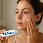 Žena nanáša heparínový krém na tvár pri starostlivosti o pleť.