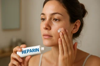 Žena nanáša heparínový krém na tvár pri starostlivosti o pleť.