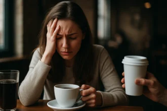 Žena s kávou a bolesťou hlavy v kaviarni.