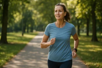 Žena beží v parku, cvičiac rýchlu chôdzu na zlepšenie zdravia.
