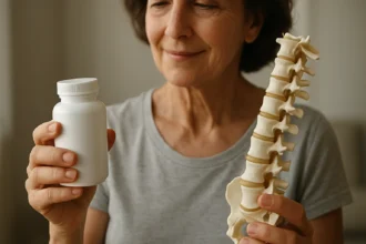 Žena drží doplnok vápnika citrátu a model chrbtice na podporu zdravých kostí.