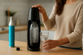 Žena pripravuje sýtenú vodu doma pomocou SodaStreamu.