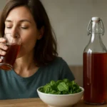 Žena pije železitú vodu z pohára vedľa fľaše a misky so špenátom.