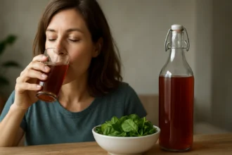 Žena pije železitú vodu z pohára vedľa fľaše a misky so špenátom.