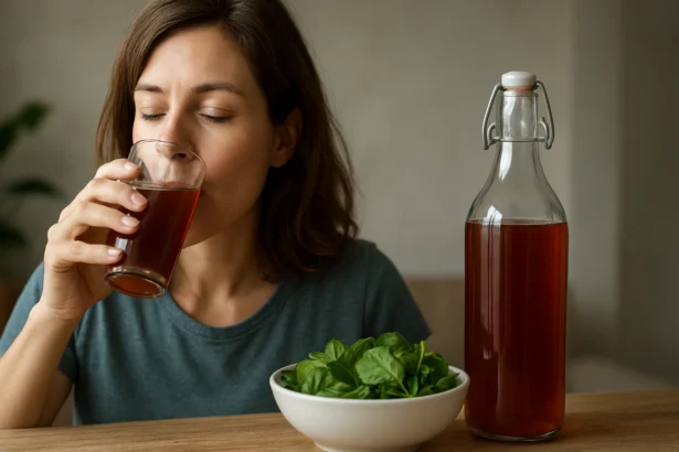 Žena pije železitú vodu z pohára vedľa fľaše a misky so špenátom.