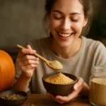 Žena sa usmieva a drží misku s tekvicovou múkou a lyžicou.