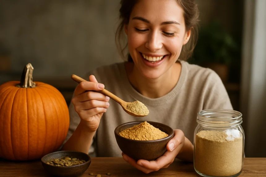 Žena sa usmieva a drží misku s tekvicovou múkou a lyžicou.