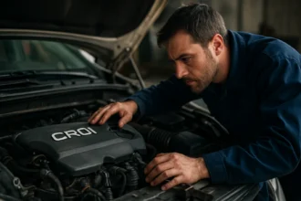 Mechanik kontrolujúci CRDI motor auta v servise