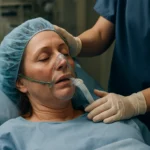 Pacientka pod anestéziou s dýchacou maskou v nemocničnom prostredí.