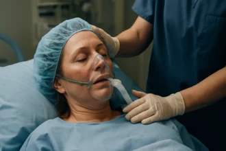 Pacientka pod anestéziou s dýchacou maskou v nemocničnom prostredí.