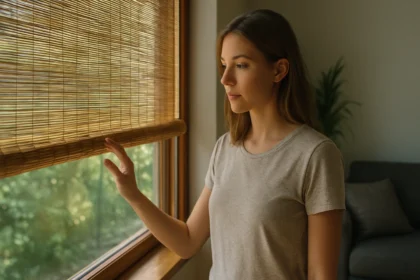 Žena pri bambusových roletách v modernom interiéri
