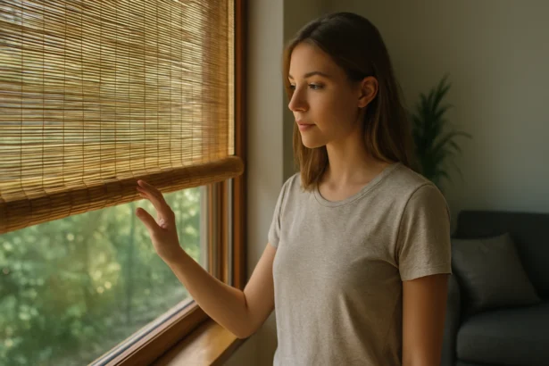 Žena pri bambusových roletách v modernom interiéri