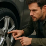 Muž kontroluje pneumatiky a ochranu ráfika na aute.