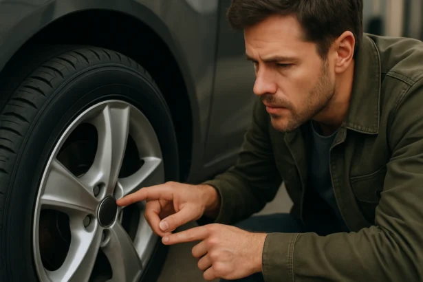 Muž kontroluje pneumatiky a ochranu ráfika na aute.