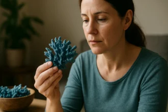 Žena skúma modrý korál, symbol zdravia a liečivých účinkov.