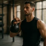 Muž cvičí s kettlebellom v posilňovni na zlepšenie kondície