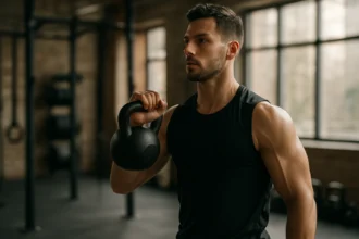 Muž cvičí s kettlebellom v posilňovni na zlepšenie kondície