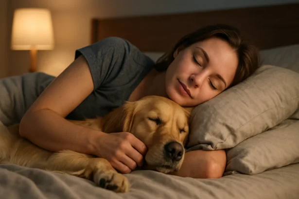 Žena spí so zlatým retrieverom na posteli.
