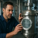 Muž kontroluje mikrobublinkový odlučovač v priemyselnom prostredí