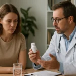 Lekár diskutuje o lieku Trexan s pacientkou počas terapie.