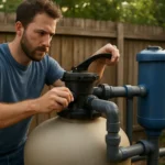 Muž nastavuje pieskový filter s prepínacím ventilom na čistenie vody.