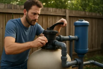 Muž nastavuje pieskový filter s prepínacím ventilom na čistenie vody.