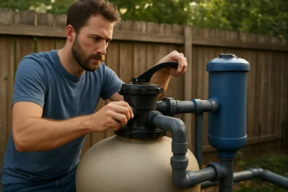 Muž nastavuje pieskový filter s prepínacím ventilom na čistenie vody.