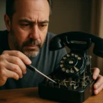 Muž opravuje starý rotačný telefón na drevenej doske.