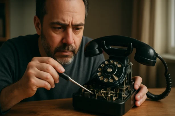 Muž opravuje starý rotačný telefón na drevenej doske.