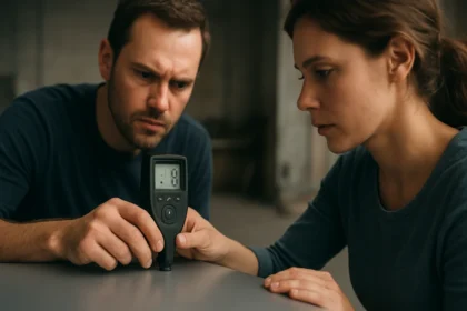 Muž a žena merajú hrúbku vrstvy pomocou meracieho prístroja.