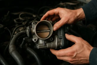 Mechanik drží škrtiacu klapku pri oprave automobilu