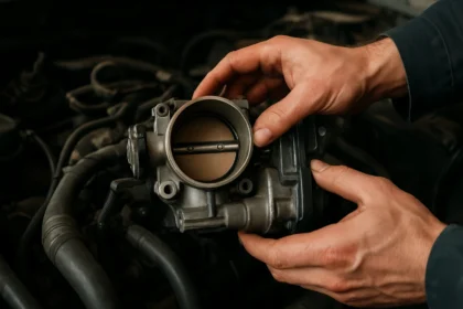 Mechanik drží škrtiacu klapku pri oprave automobilu