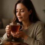 Mladá žena si vychutnáva čaj zo škorice v domácnosti.