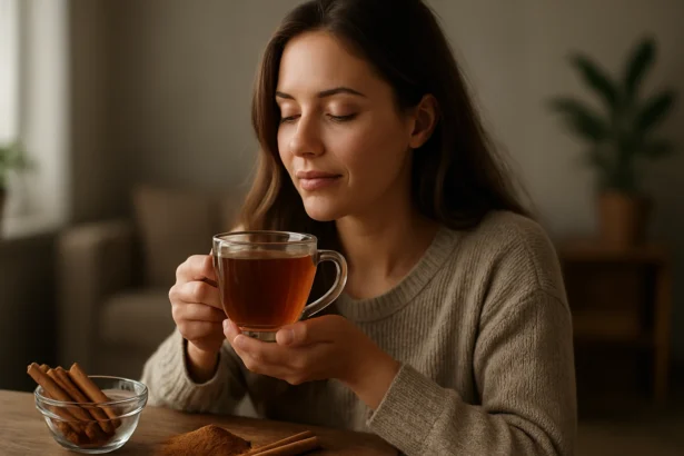 Mladá žena si vychutnáva čaj zo škorice v domácnosti.