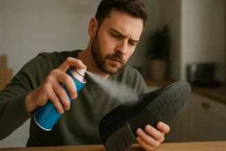 Muž používa mraziaci sprej na obuv v domácom prostredí