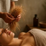 Žena relaxuje pri aromaterapii s vetiverom v wellness centre.