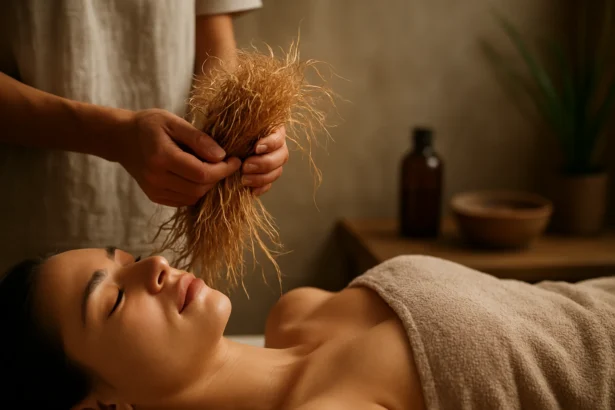 Žena relaxuje pri aromaterapii s vetiverom v wellness centre.