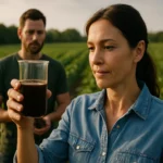 Žena skúma humínovú kyselinu v poľnohospodárskom prostredí.