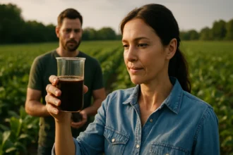 Žena skúma humínovú kyselinu v poľnohospodárskom prostredí.