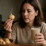 Žena skúma koreň macy a nápoj na zdravie.